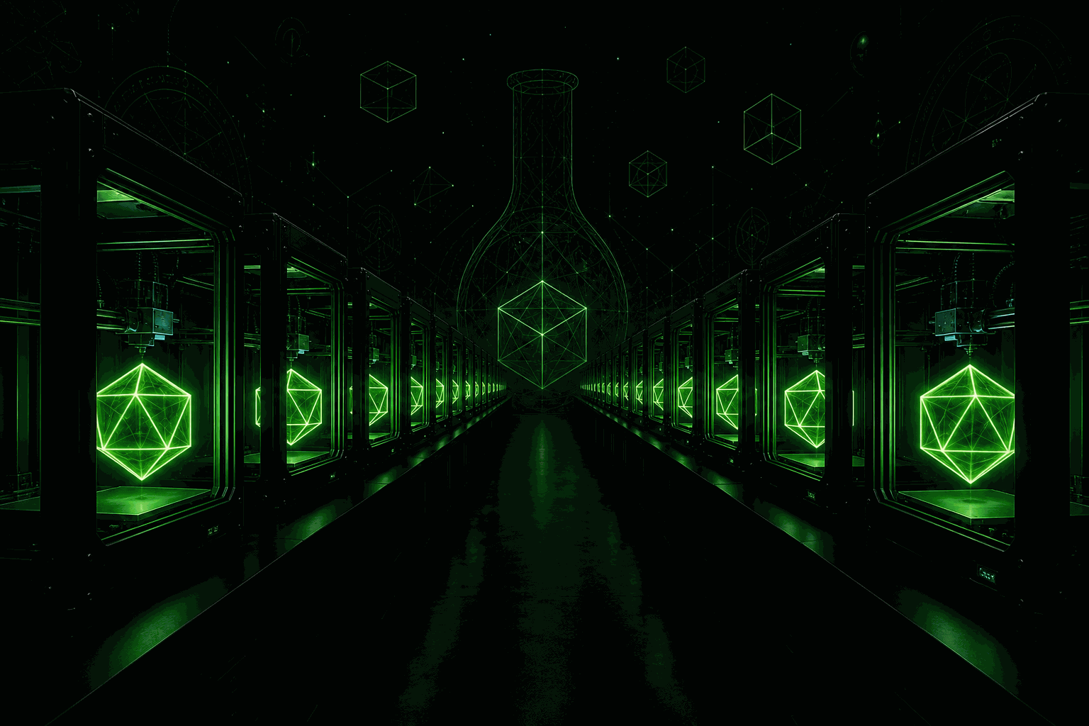 Rows of printers glowing with electric green filament prints